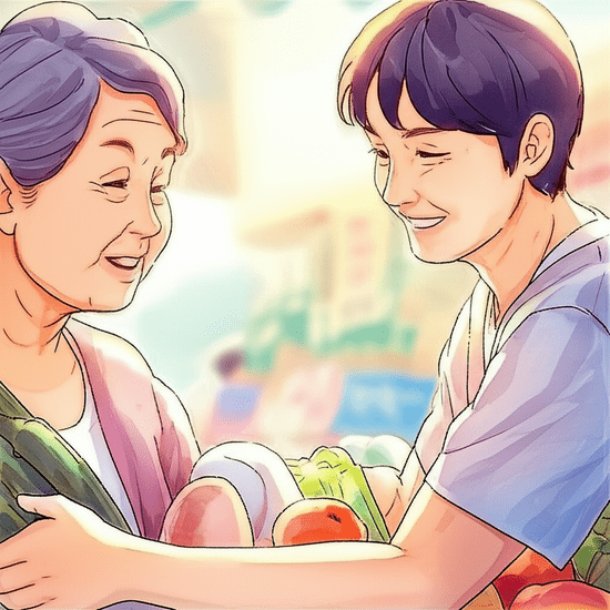 Emotional watercolor illustration in the style of Studio Ghibli. Soft pastel color palette and warm lighting. A close-up of a realistic and softly rendered Korean young adult volunteer gently helping an elderly Korean person with groceries, both looking appreciative. The background is softly blurred with hints of a local market or community center. Text-free, no numbers, no letters, no logos, no symbols. No text, words, phrases, signs, or any textual elements whatsoever.