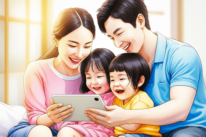 Emotional watercolor illustration in the style of Studio Ghibli. Soft pastel color palette and warm lighting. A realistic and softly rendered Korean family (parents and a child) sitting together, looking at a tablet, smiling, symbolizing a moment of shared learning or engagement. The background is a softly blurred, cozy living room. Text-free, no numbers, no letters, no logos, no symbols. No text, words, phrases, signs, or any textual elements whatsoever.