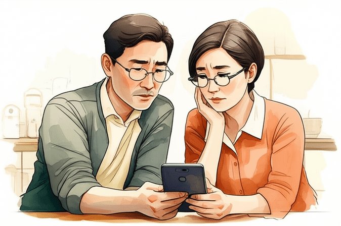 스튜디오 지브리 스타일의 감성적인 수채화 일러스트레이션. 부드러운 파스텔 톤과 따뜻한 조명 아래, 거실 탁자에 앉아 정부 복지 정책 변화와 관련된 정보를 스마트폰이나 태블릿으로 검색하며 가족과 대화하는 40대 한국인 부부의 모습. 그들의 표정은 다소 걱정스럽지만 서로를 의지하며 정보를 공유하는 따뜻한 분위기다. 배경은 부드럽게 번지는 수채화로 처리되어 인물에 집중된다. 이미지 안에 글자, 숫자, 로고, 기호 등 어떠한 텍스트도 포함하지 마.