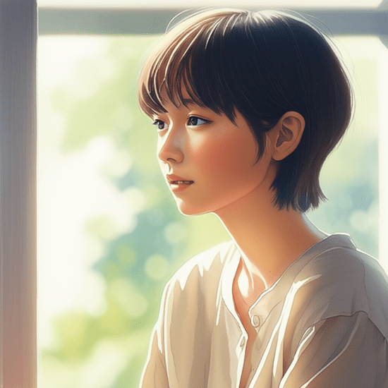Emotional watercolor illustration in the style of Studio Ghibli. Soft pastel color palette and warm lighting. A realistic and softly rendered Korean young person, looking thoughtfully yet optimistically into the distance, perhaps standing near a window with a gentle light. The background is softly blurred, suggesting a hopeful future or a quiet reflection. Text-free, no numbers, no letters, no logos, no symbols. No text, words, phrases, signs, or any textual elements whatsoever.